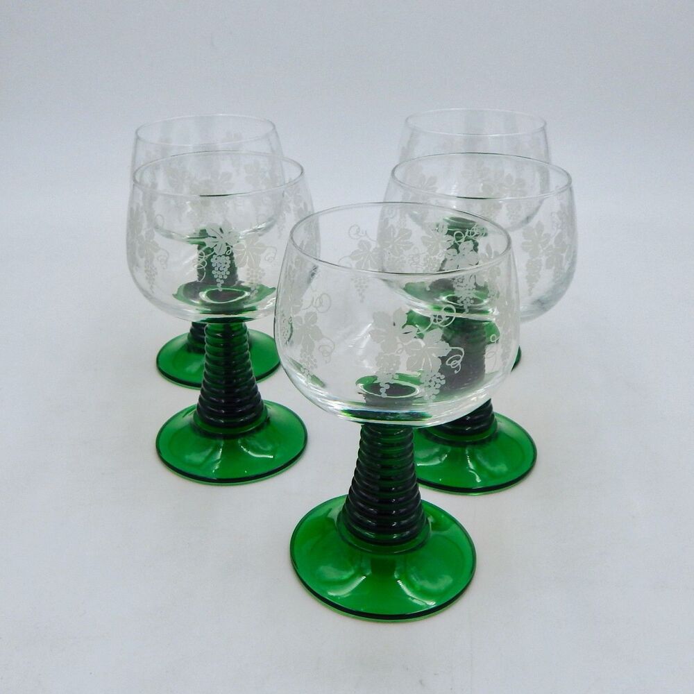 Luminarc French Emerald Green Beehive Stem Grape Etched 5 Wine Glasses W Stand